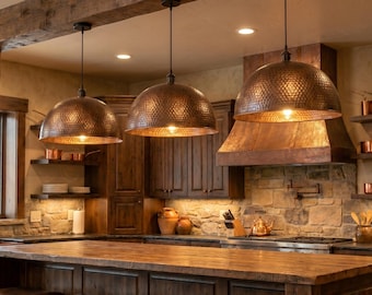 Hammered bronz Copper Dome Pendant Light | Rustic Kitchen Island, Farmhouse Ceiling Fixture