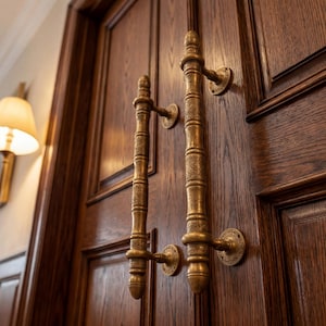 May include: A pair of vertical brass door handles with intricate engraved detailing mounted on a dark brown wooden double door. The handles feature a cylindrical shape with decorative bands and are secured to the door with circular metal plates.