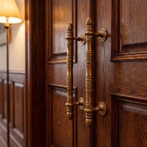 Könnte beinhalten: Nahaufnahme einer dunkelbraunen Holztür mit kunstvollen Messinggriffen. Die Tür hat erhabene Paneele und einen warmen Farbton. Der Flur im Hintergrund hat passende Holzvertäfelungen und eine Stehlampe.