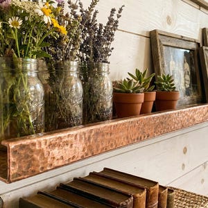 May include: A copper-colored wall shelf with a hammered texture, holding glass jars filled with flowers and succulents in terracotta pots. Vintage framed photos and books are also displayed, creating a rustic, decorative theme.