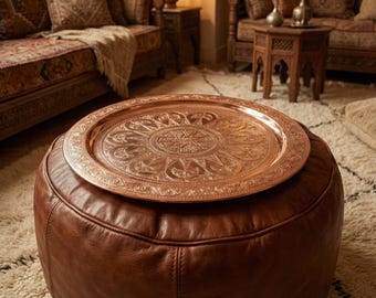 Bandeja marroquí de cobre martillado a mano, bandeja de latón grabado, decoración de pared bohemia