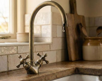 Unlacquered Brass Bridge Kitchen Faucet, Gooseneck Spout, Living Finish