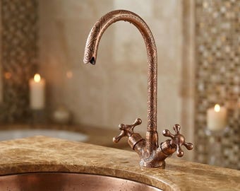 Handmade Unlacquered Brass Bridge Faucet, Moroccan Engraved Tap