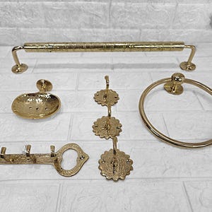 Messing Badezimmer Zubehör Set - Handgefertigte Vintage Handtuchhalter, Seifenschale & Haken
