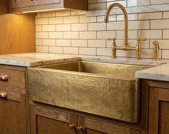 Farmhouse Sink Hand Hammered Brass Kitchen Sink Bowl Bathroom Sink Vanity Apron Front Luxury Basin Fes Morocco ArtizanaMarket