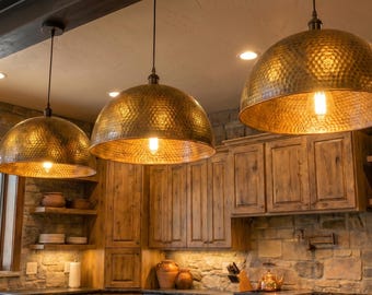 Hammered Brass Moroccan Pendant Light, Unlacquered Boho Kitchen Island Fixture, Custom Handmade Fes Ceiling Lamp