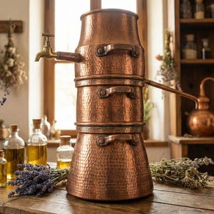 Può includere: Un alambicco in rame con finitura martellata, dotato di rubinetto e maniglie. L'alambicco è circondato da bottiglie di vetro, lavanda ed erbe essiccate, suggerendo un interesse per oli essenziali e rimedi erboristici.