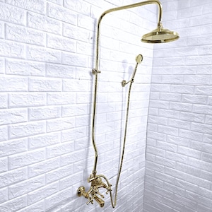 Antique Brass Shower System: Rainfall & Handheld - Farmhouse Bathroom