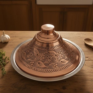 Copper Hand Hammered Moroccan Tagine Pot, Engraved Tin Lined Cookware with Serving Tray