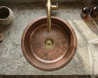 Pia de cobre martelado à mão - Pia de banheiro em latão maciço, estilo fazenda, para reforma de banheiro de luxo.