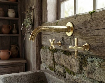 Handmade Unlacquered Brass Wall Mount Faucet, Moroccan Bridge Mixer