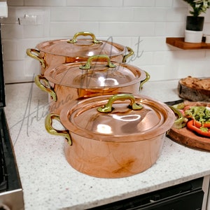 Beautiful copper Pot set of 5, Vintage ,moroccan pots|Multiple Sizes|Small,Medium, Large | with cast iron handles and copper rivets