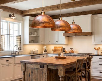 Lampada a sospensione in rame martellato, illuminazione per isola cucina a cupola solida, lampadario rustico marocchino