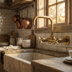 Op de afbeelding: Een rustieke keuken met een messing kraan, koperen pannen en houten accenten. De stenen wasbak en het raam creëren een warme, uitnodigende sfeer. De focus ligt op traditionele designelementen en een gezellige esthetiek.