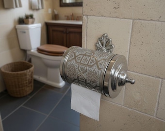 May include: A silver-colored toilet paper holder with an ornate, geometric pattern. The holder is mounted on a beige tile wall and has a decorative leaf-shaped accent above it. A roll of white toilet paper is visible.