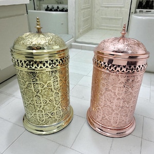 Moroccan Brass Wastebasket, Engraved Copper Trash Can with Lid, Ornate Gold Waste Bin for Luxury Bathroom, Boho Office Decor