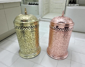 Moroccan Brass Wastebasket, Engraved Copper Trash Can with Lid, Ornate Gold Waste Bin for Luxury Bathroom, Boho Office Decor