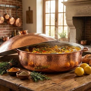 May include: A large copper pot with a lid, filled with a steaming stew, sits on a wooden table. The pot has a hammered texture. Fresh herbs, spices, and lemons surround the pot. Copper pots hang in the background, suggesting a kitchen setting.