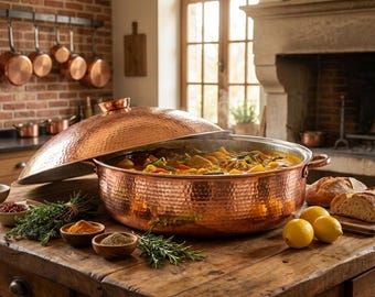 Ustensiles de cuisine : marmite géante en cuivre martelé avec couvercle, tanjra traditionnel pour les grands banquets, les mariages et les grandes fêtes