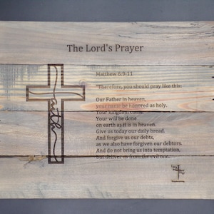 Personalized Reclaimed Pallet Wood Lord&#39;s Prayer Matthew 6:9-11 with Faith Cross Hanging Wall Decor