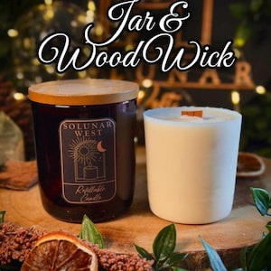May include: A dark amber glass candle jar with a wooden lid and a label reading Solunar West Refillable Candle, alongside a white wax refill insert featuring a single wood wick. The text Jar & Wood Wick is displayed above the items.