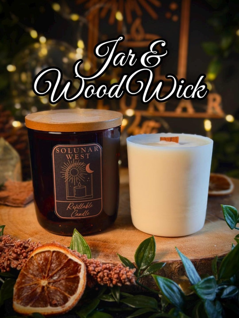May include: A dark amber glass candle jar with a wooden lid and a label reading Solunar West Refillable Candle, alongside a white wax refill insert featuring a single wood wick. The text Jar & Wood Wick is displayed above the items.