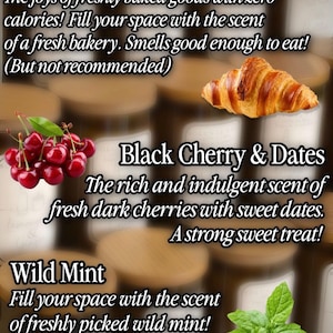 May include: A promotional graphic featuring three scent categories: Baked Croissant with a golden pastry image, Black Cherry & Dates with a cluster of red cherries, and Wild Mint with green mint leaves. Text includes scent names and descriptions.