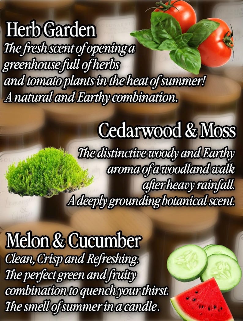 May include: A promotional graphic featuring three scent categories: Herb Garden with red tomatoes and green basil, Cedarwood & Moss with bright green moss, and Melon & Cucumber with sliced green cucumbers and a red watermelon wedge.