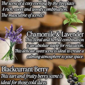 May include: A collection of candle jars with wooden lids, featuring text labels for Dark Honey & Tobacco, Chamomile & Lavender, and Blackcurrant Berry. The image includes illustrations of tobacco leaves, a lavender sprig, and blackcurrant berries.