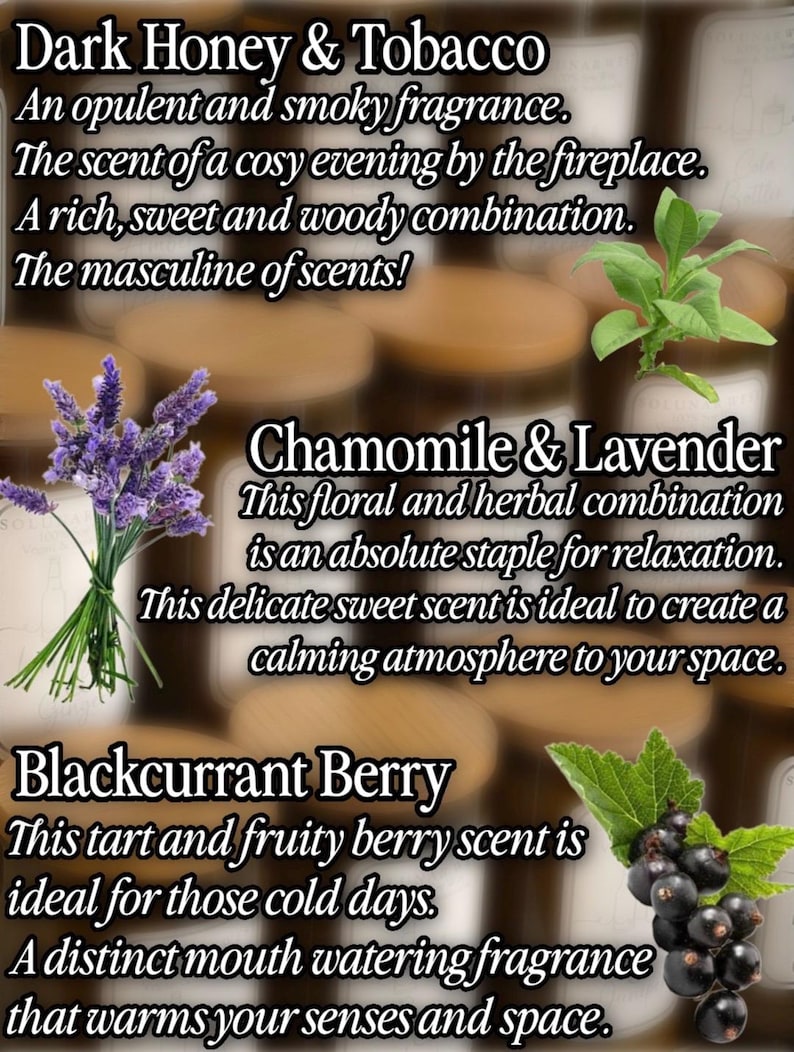 May include: A collection of candle jars with wooden lids, featuring text labels for Dark Honey & Tobacco, Chamomile & Lavender, and Blackcurrant Berry. The image includes illustrations of tobacco leaves, a lavender sprig, and blackcurrant berries.