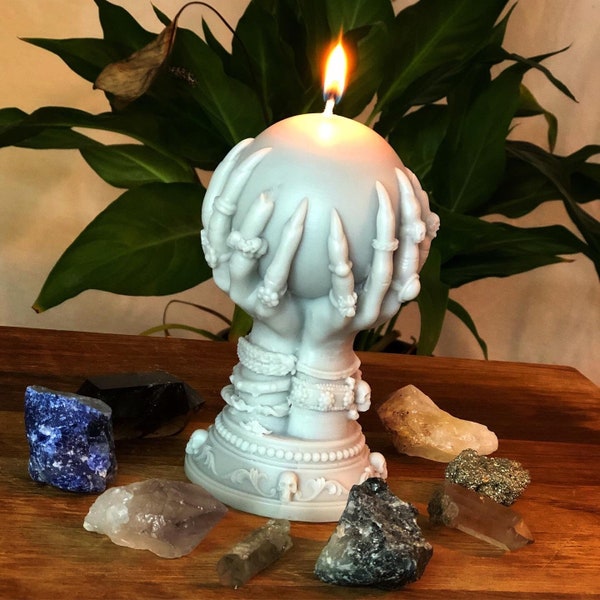 Mystic Crystal Ball Gypsy Witch Hands Soy Wax Vegan Pillar Candle Alter