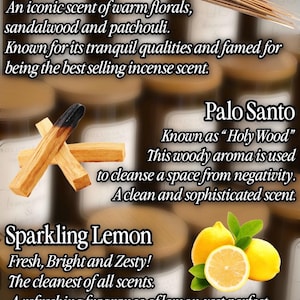 May include: A promotional graphic featuring three scent categories: Nag Champa with incense sticks, Palo Santo with two wooden sticks, and Sparkling Lemon with whole and sliced yellow lemons. Text includes scent names and descriptive phrases.