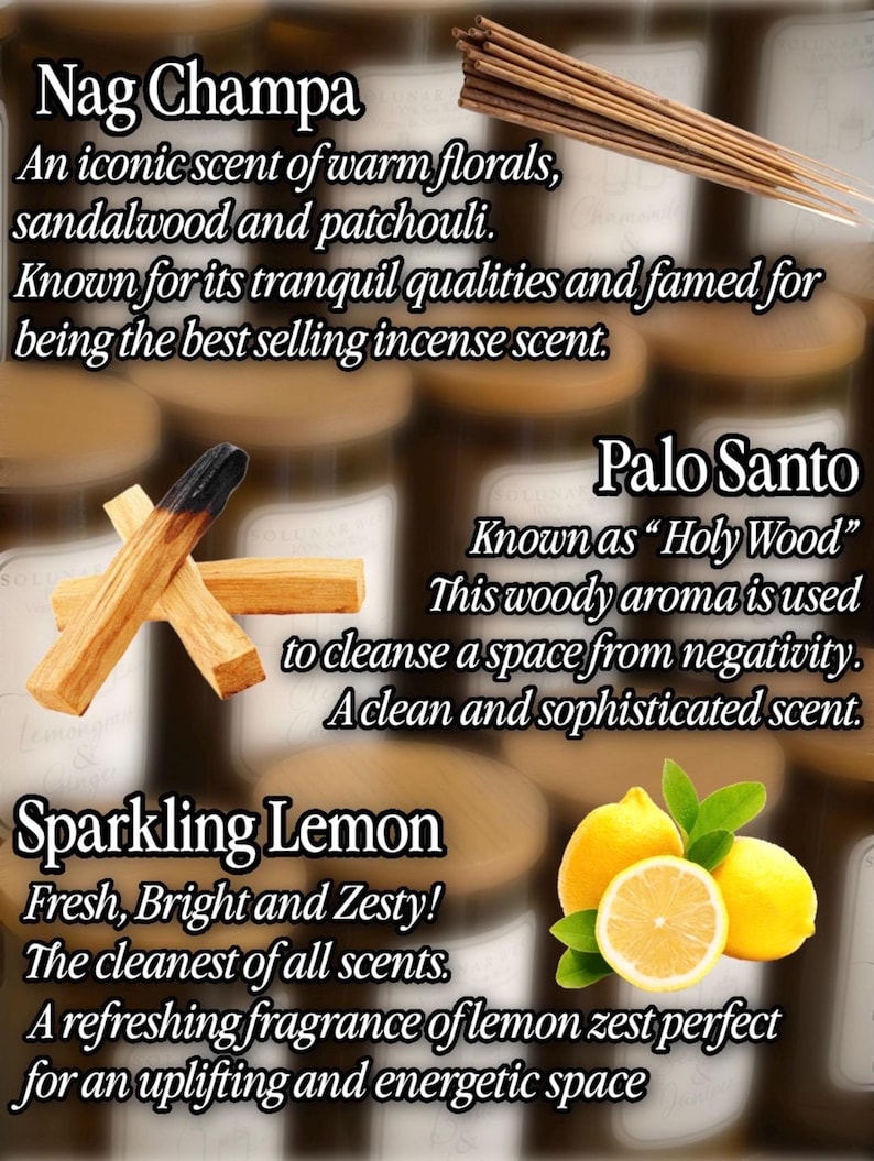 May include: A promotional graphic featuring three scent categories: Nag Champa with incense sticks, Palo Santo with two wooden sticks, and Sparkling Lemon with whole and sliced yellow lemons. Text includes scent names and descriptive phrases.