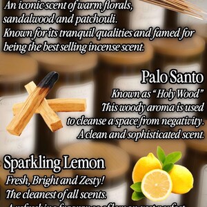 May include: Image featuring three types of incense: Nag Champa, Palo Santo, and Sparkling Lemon. Nag Champa is described as a warm floral scent. Palo Santo is a woody aroma. Sparkling Lemon is a refreshing lemon zest fragrance.