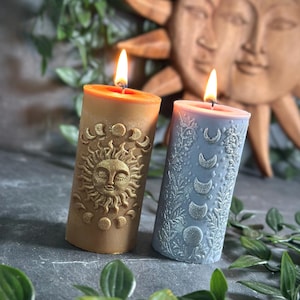Sun and Moon Phases | Pillar Soy Wax Candle Set | Vegan | Hand Painted | Witch Alter Spell Meditation | Decorative Whimsigoth Candles