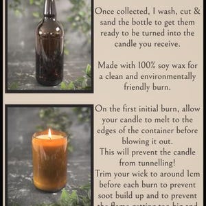 May include: A candle made from a recycled beer bottle. The image shows a brown beer bottle and a lit candle in a glass. The text describes the candle-making process, including using soy wax and trimming the wick to 1 cm.