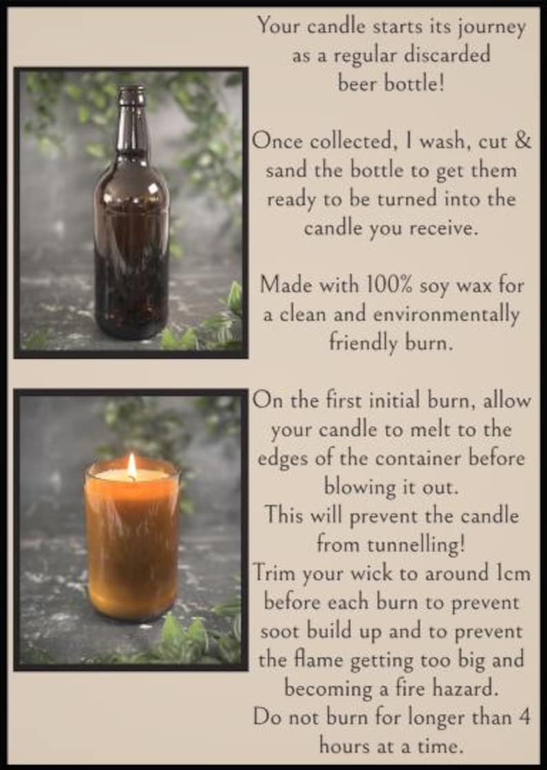 May include: A candle made from a recycled beer bottle. The image shows a brown beer bottle and a lit candle in a glass. The text describes the candle-making process, including using soy wax and trimming the wick to 1 cm.