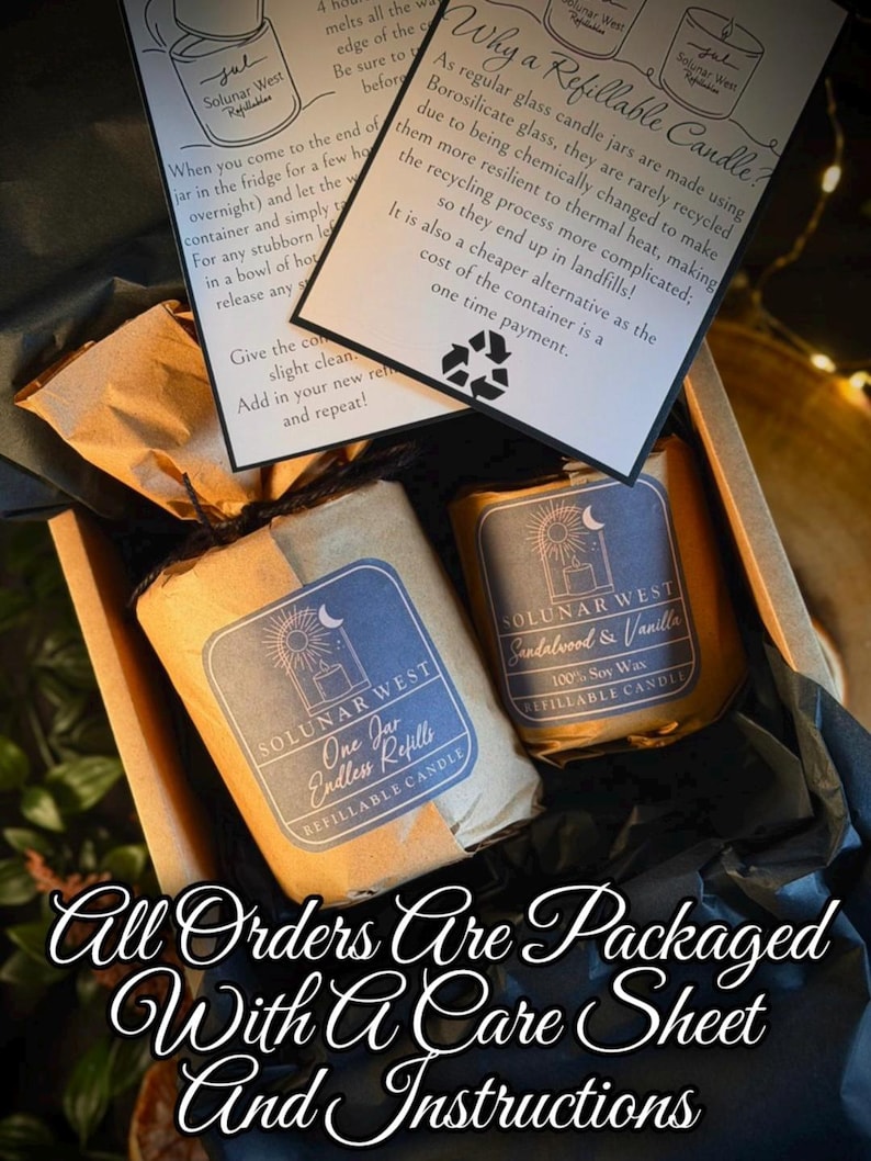 May include: Two refillable soy wax candles wrapped in brown paper with dark blue labels featuring a sun and moon logo, labeled Solunar West. Includes a printed care sheet with instructions on candle maintenance and recycling glass jars.