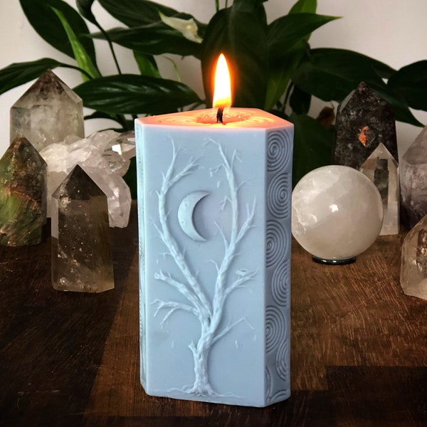 Moon Phases And Tree Of Life Soy Wax Pillar Candle