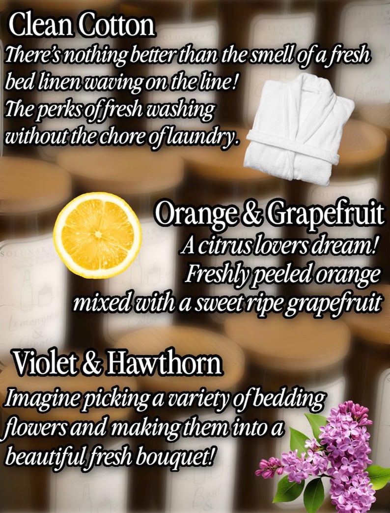 May include: A promotional graphic featuring three scent categories: Clean Cotton with a white bathrobe icon, Orange & Grapefruit with a yellow lemon slice, and Violet & Hawthorn with a purple lilac flower cluster. Text descriptions accompany each scent.