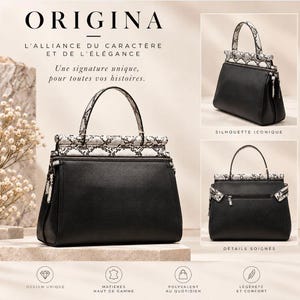 Könnte beinhalten: Eine schwarze Handtasche mit einem Tragegriff und einem oberen Rand im Schlangenledermuster. Die Tasche hat ein strukturiertes Design mit einem Hauptfach, einem Griff und einer Reißverschlusstasche auf der Rückseite. Der Text auf dem Bild umfasst ORIGINA, L'ALLIANCE DU CARACTÈRE ET DE L'ÉLÉGANCE und Une signature unique, pour toutes vos histoires.