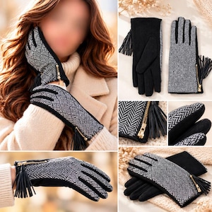 Gants graphiques noirs et blanc avec pompon pendant Collection Automne-Hiver accessoire de mode femme textile cadeau original