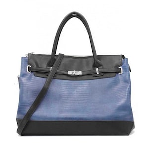 Zweifarbige Handtasche im Krokodil-Stil in Blau und Schwarz mit Griffen und Schultergurt, Damenmode-Accessoire, originelles Lederwarengeschenk - MlleParis
