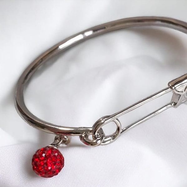Bracelet Jonc trombone laiton argenté breloque shamballa rouge cristal Autrichien accessoire de mode bijoux femme idée cadeau original