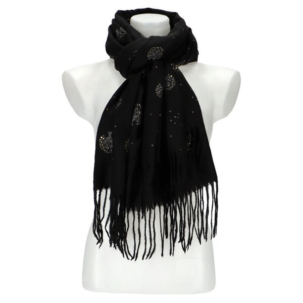 Echarpe Noire imprimee  Arbre de Vie  Collection Automne - Hiver accessoire de mode pour femme textile pour cadeau orignal