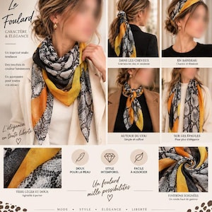 Puede incluir: Un pañuelo cuadrado con un estampado de piel de serpiente en gris y negro, con bordes en colores amarillo y naranja vibrantes. El pañuelo se muestra estilizado de varias formas, incluyendo atado al cuello, como diadema y sobre los hombros.