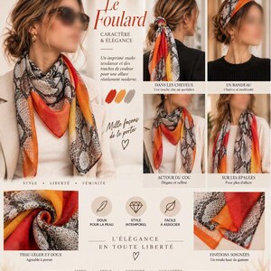 Puede incluir: Un pañuelo cuadrado con un estampado de piel de serpiente en gris y negro, con secciones de colores en naranja y amarillo vibrantes. El pañuelo se muestra estilizado de varias formas, incluyendo atado al cuello, como accesorio para el pelo y sobre los hombros.