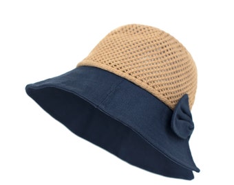 Chapeau de Soleil matière naturelle bord décoré avec nœud en coton bleu marine chapeau de soleil pour femme cadeau accessoire mode textile
