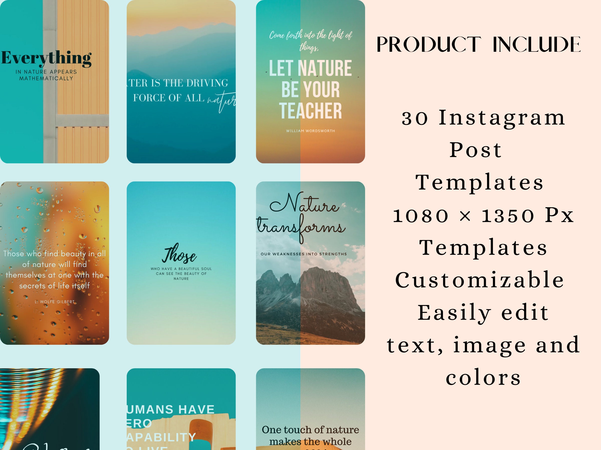 30 Teal & Orange Instagram Post Templates / Teal and Orange Instagram Feed / Nature Lover Quotes