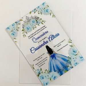 Baby Blue Quinceanera Invitation, Princess with Light Blue Dress Sweet Sixteen Acrylic Invitation